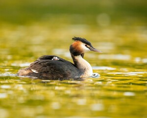 Great crested grebe (Podiceps cristatus) swimming in a calm lake