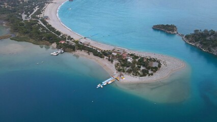Aerial view of the beach with moored boats. Oludeniz, Fethiye, Turkey.