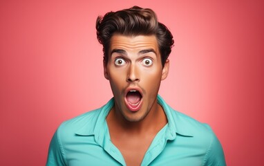 Surprised pin up style man with retro hairstyle, bright color background