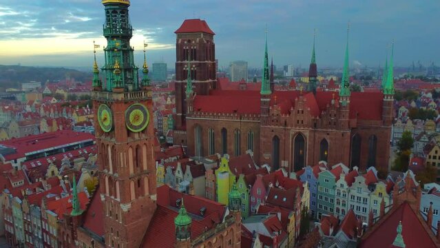 Cinematic aerial 4K drone video in Gdansk, Poland with Gdansk Town Hall and St Mary's Cathedral