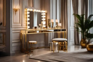 Elegant dressing table with lights in stylish room interior.