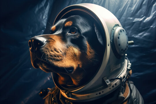 Brave cosmonaut dog dons space suit and helmet for an intergalactic adventure. Fantasy concept turned real with AI Generative wonder.