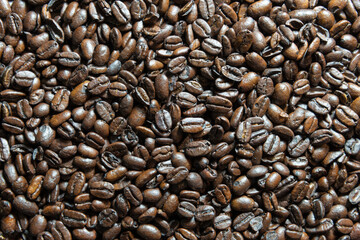 Obraz premium Top down view of hundreds of roasted coffee beans in a pile, the medium roast beans spread across the entirety of the image.