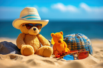 Teddy bear's sunny seaside delight A plush toy with style, enjoying sand and sea. AI Generative whimsy meets beachy relaxation.