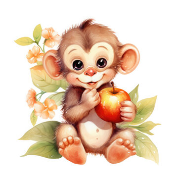 Baby monkey fruits and flower Illustration, Generative Ai