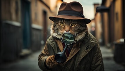 A curious cat with a detective hat is examining a magnifying glass, searching for clues in a mysterious alley.Generative AI - obrazy, fototapety, plakaty