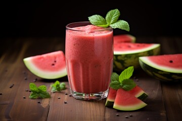 A Close-Up Shot of an Invigorating Watermelon Basil Smoothie Served with Ice and Fresh Garnish