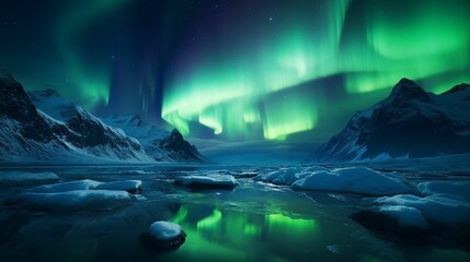 AI generated illustration of snow-capped mountains under the Aurora Borealis at night