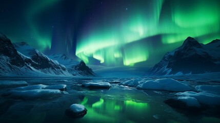 Naklejka premium AI generated illustration of snow-capped mountains under the Aurora Borealis at night