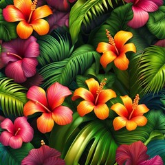 Beautiful seamless floral pattern, spring summer background with tropical flowers, Generative AI