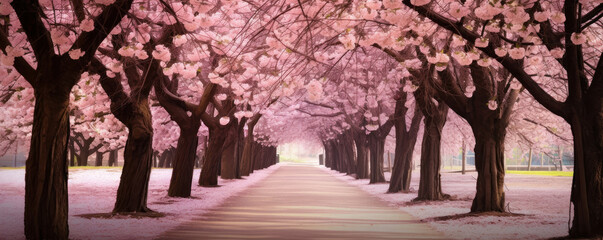 Discover the magical allure of a cherry blossom avenue, a stunning pathway to relaxation and rejuvenation. AI Generative enchanting.