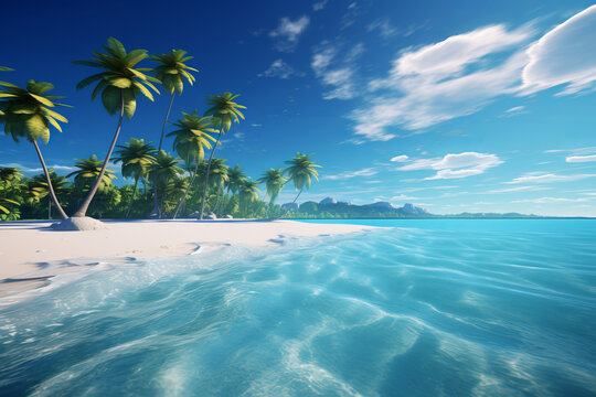 Savor the beauty of a sun-soaked tropical beach, complete with palm trees and the inviting allure of crystal-clear waters. AI Generative coastal.