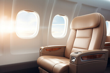 An inviting scene in the airplane cabin empty seats and a mesmerizing window view. Embark on your dream journey is AI Generative.