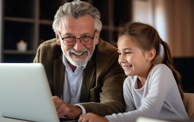 Fototapeta na wymiar A granddaughter teaches his grandpa to use a laptop
