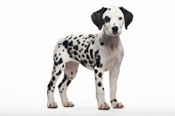 Adult Dalmatian, a pure and elegant breed, stands against a white background. Classic black and white beauty is AI Generative.