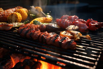 Get ready to flip and savor these succulent barbecue skewers, adorned with meat and vegetables, as they sear to perfection on the flaming grill. A culinary adventure is AI Generative.