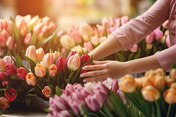 Close-up of bouquets of tulips in the flowers store - obrazy, fototapety, plakaty