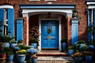 The blue front door of a large brick house and flower pots