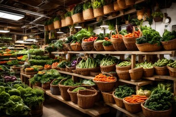 There are baskets of gorgeous, fresh vegetables and plants in a store