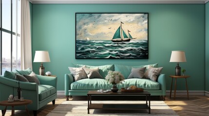 A living room with a nautical themed painting and green decor. Generative AI. 