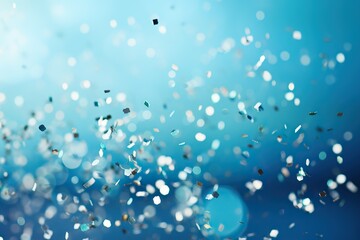Silver confetti falling on blue white holiday background. Vector carnival party glitter, sparkling shine confetti background