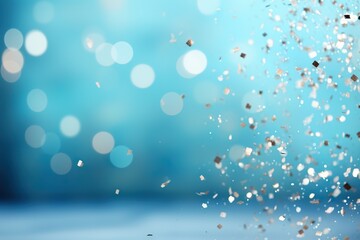 Silver confetti falling on blue white holiday background. Vector carnival party glitter, sparkling shine confetti background - obrazy, fototapety, plakaty