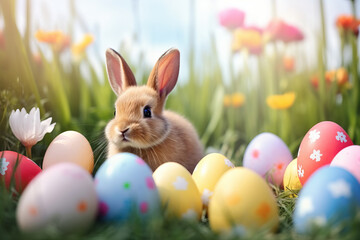 Fototapeta premium A festive Easter scene, A bunny sits in a field of colorful eggs, bringing the joy and symbols of the holiday to life. AI Generative.