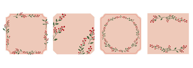 Holiday season Red berries vector illustration. Botanical frames and background design.Hand-drawn style.	