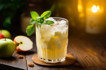 Fototapeta premium Morning Delight: A Nutritious Apple and Honey Shake Bathed in Soft Light on a Rustic Table