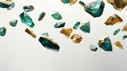 An AI illustration of many green and gold colored jewels on a light grey background - obrazy, fototapety, plakaty