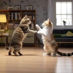 Two cats fighting on the wooden floor in the living room
