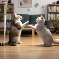 Two cats fighting on the wooden floor in the living room