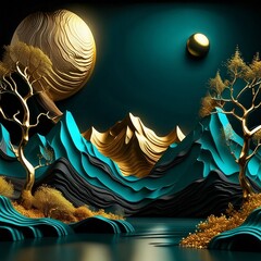 3d modern art wallpaper, landscape with dark turquoise mountains, dark black background with moon, golden trees and gold waves, Generative AI