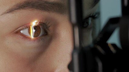 Close up footage. The ophthalmologist examines the patient's eye - Powered by Adobe