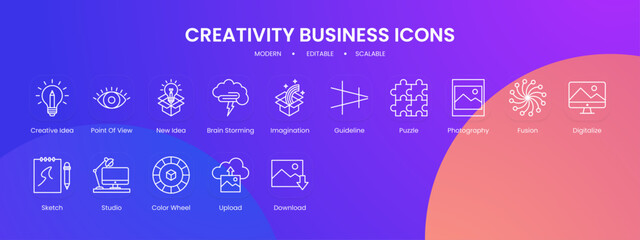 Creativity business icon collection with black outline style. business, design, social, development, management, creative, idea. Vector illustration