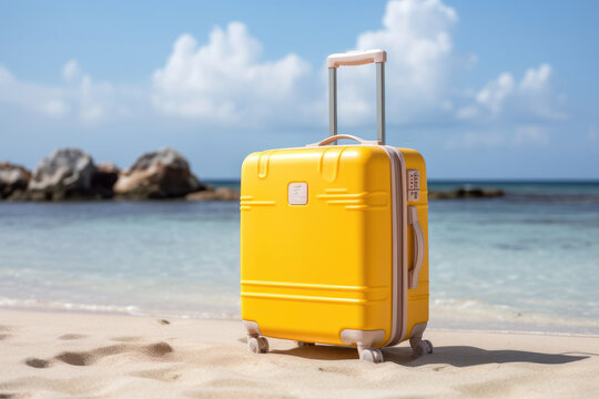 Summer wanderlust, Yellow suitcase on a gorgeous beach, the essence of holiday travel. The concept is AI Generative.
