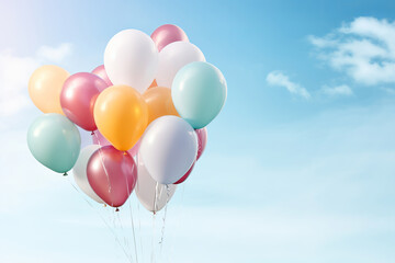 A bunch of bright and vibrant balloons, closeup of a joyous birthday party with the blue sky as a backdrop. AI Generative.