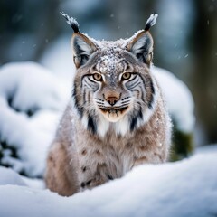 Obraz premium AI generated illustration of a lynx atop a tranquil snowy landscape