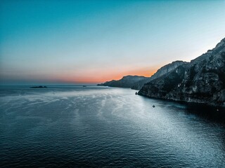 Aerial view of Amalfi coast in Italy at sunset
