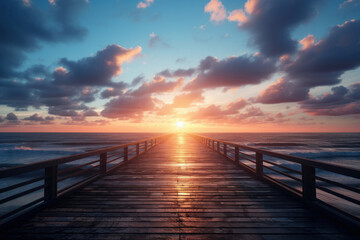 A peaceful island landmark with a wooden pier reaching into the serene sea under a beautiful sunset sky. AI Generative.