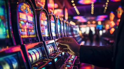 Foto op Plexiglas Close-up of a person playing a slot machine in a casino, AI-generated. © Wirestock