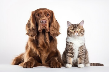 Fototapeta premium Furry friends, a purebred dog and adorable kitten, sitting harmoniously together. Their love, joy, and friendly companionship in a heartwarming indoor portrait is AI Generative.
