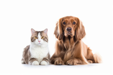 A heartwarming indoor portrait of a purebred dog and cute kitten, sitting in perfect harmony. Their love, joy, and furry friendship on full display is AI Generative. - obrazy, fototapety, plakaty
