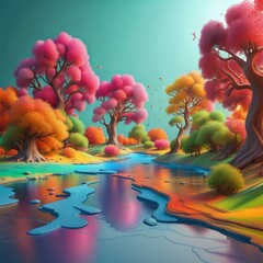 3d wallpaper. digital graphic like the impression of drawing, colorful tree digital landscape, Generative AI