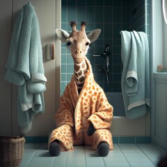 AI generated illustration of a cute giraffe in a robe in the bathroom - obrazy, fototapety, plakaty