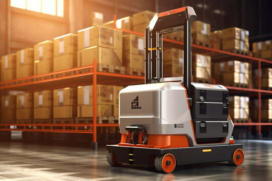 Forklift truck operating in a well-organized warehouse with cardboard boxes, pallets, and shelves. Efficient supply chain. AI Generative.