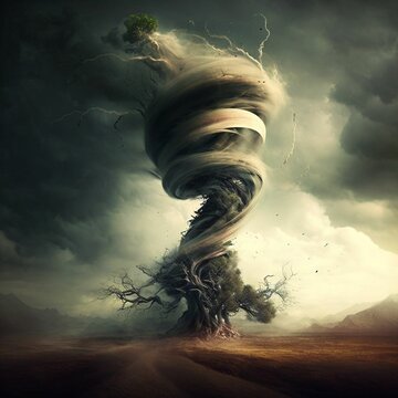 AI generated illustration of stormy gray clouds with powerful tornado above a giant tree