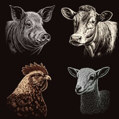 Fototapeta premium AI-generated illustration of domestic animals, sketched on a black background