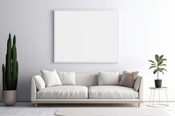 Fototapeta na wymiar Three-dimensional mock-up frame poster in a cosy Scandinavian living room with a white sofa. Elegant interior design. This description is AI Generative.