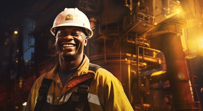 Smiling oil worker in front of rig.